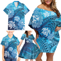 Hawaii World Ocean Day Family Matching Off Shoulder Short Dress and Hawaiian Shirt Kakau Turtles LT7 - Polynesian Pride