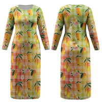 Aloha Hawaii Palaka Print Mango Plumeria Couples Matching Long Sleeve Bodycon Dress and Hawaiian Shirt Tropical Vibes