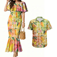 Aloha Hawaii Palaka Print Mango Plumeria Couples Matching Mermaid Dress and Hawaiian Shirt Tropical Vibes