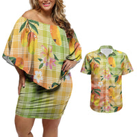 Aloha Hawaii Palaka Print Mango Plumeria Couples Matching Off Shoulder Short Dress and Hawaiian Shirt Tropical Vibes
