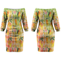 Aloha Hawaii Palaka Print Mango Plumeria Couples Matching Off The Shoulder Long Sleeve Dress and Long Sleeve Button Shirt Tropical Vibes