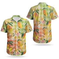 Aloha Hawaii Palaka Print Mango Plumeria Couples Matching Puletasi and Hawaiian Shirt Tropical Vibes