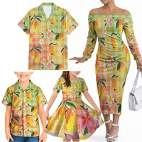 Aloha Hawaii Palaka Print Mango Plumeria Family Matching Off The Shoulder Long Sleeve Dress and Hawaiian Shirt Tropical Vibes