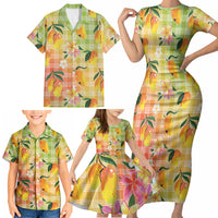 Aloha Hawaii Palaka Print Mango Plumeria Family Matching Short Sleeve Bodycon Dress and Hawaiian Shirt Tropical Vibes