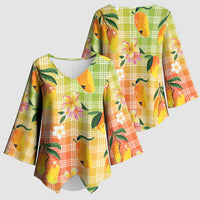 Aloha Hawaii Palaka Print Mango Plumeria Kimono Sleeve Blouse Tropical Vibes