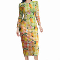 Aloha Hawaii Palaka Print Mango Plumeria Long Sleeve Bodycon Dress Tropical Vibes