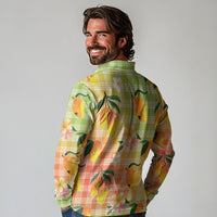 Aloha Hawaii Palaka Print Mango Plumeria Long Sleeve Polo Shirt Tropical Vibes
