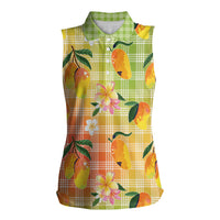 Aloha Hawaii Palaka Print Mango Plumeria Women Sleeveless Polo Shirt Tropical Vibes