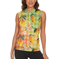 Aloha Hawaii Palaka Print Mango Plumeria Women Sleeveless Polo Shirt Tropical Vibes