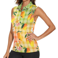 Aloha Hawaii Palaka Print Mango Plumeria Women Sleeveless Polo Shirt Tropical Vibes