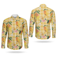 Aloha Hawaii Palaka Print Mango Plumeria Couples Matching Off Shoulder Maxi Dress and Long Sleeve Button Shirt Fresh Lemon