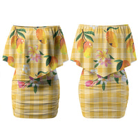 Aloha Hawaii Palaka Print Mango Plumeria Couples Matching Off Shoulder Short Dress and Long Sleeve Button Shirt Fresh Lemon