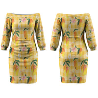 Aloha Hawaii Palaka Print Mango Plumeria Couples Matching Off The Shoulder Long Sleeve Dress and Hawaiian Shirt Fresh Lemon