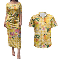 Aloha Hawaii Palaka Print Mango Plumeria Couples Matching Puletasi and Hawaiian Shirt Fresh Lemon