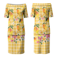 Aloha Hawaii Palaka Print Mango Plumeria Couples Matching Puletasi and Hawaiian Shirt Fresh Lemon