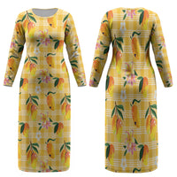 Aloha Hawaii Palaka Print Mango Plumeria Family Matching Long Sleeve Bodycon Dress and Hawaiian Shirt Fresh Lemon
