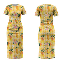 Aloha Hawaii Palaka Print Mango Plumeria Family Matching Short Sleeve Bodycon Dress and Hawaiian Shirt Fresh Lemon