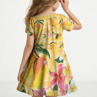 Aloha Hawaii Palaka Print Mango Plumeria Kid Short Sleeve Dress Fresh Lemon