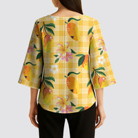 Aloha Hawaii Palaka Print Mango Plumeria Kimono Sleeve Blouse Fresh Lemon