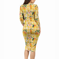 Aloha Hawaii Palaka Print Mango Plumeria Long Sleeve Bodycon Dress Fresh Lemon