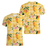 Aloha Hawaii Palaka Print Mango Plumeria Women V-Neck T-Shirt Fresh Lemon