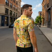 Aloha Hawaii Palaka Print Mango Plumeria Zipper Polo Shirt Fresh Lemon