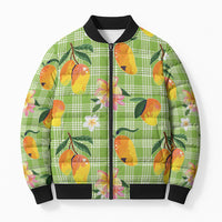 Aloha Hawaii Palaka Print Mango Plumeria Bomber Puffer Jacket Cool Mint