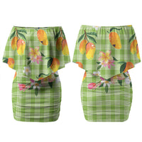 Aloha Hawaii Palaka Print Mango Plumeria Couples Matching Off Shoulder Short Dress and Long Sleeve Button Shirt Cool Mint