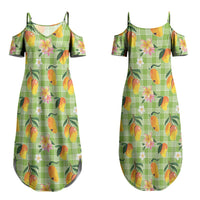 Aloha Hawaii Palaka Print Mango Plumeria Couples Matching Summer Maxi Dress and Long Sleeve Button Shirt Cool Mint