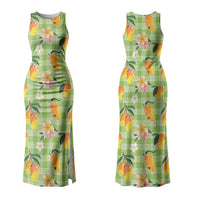 Aloha Hawaii Palaka Print Mango Plumeria Couples Matching Tank Maxi Dress and Long Sleeve Button Shirt Cool Mint