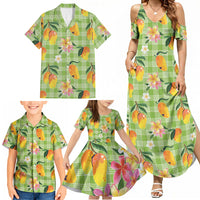 Aloha Hawaii Palaka Print Mango Plumeria Family Matching Summer Maxi Dress and Hawaiian Shirt Cool Mint