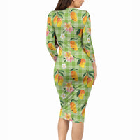 Aloha Hawaii Palaka Print Mango Plumeria Long Sleeve Bodycon Dress Cool Mint