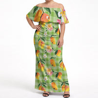 Aloha Hawaii Palaka Print Mango Plumeria Off Shoulder Maxi Dress Cool Mint