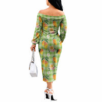 Aloha Hawaii Palaka Print Mango Plumeria Off The Shoulder Long Sleeve Dress Cool Mint