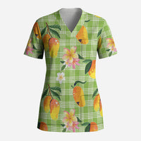Aloha Hawaii Palaka Print Mango Plumeria Scrub Top Cool Mint