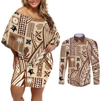 Samoa Tapa Couples Matching Off Shoulder Short Dress and Long Sleeve Button Shirt Siapo Mix Tatau Patterns LT7 Beige - Polynesian Pride