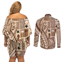 Samoa Tapa Couples Matching Off Shoulder Short Dress and Long Sleeve Button Shirt Siapo Mix Tatau Patterns LT7 - Polynesian Pride