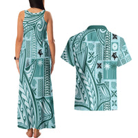 Samoa Tapa Couples Matching Tank Maxi Dress and Hawaiian Shirt Siapo Mix Tatau Patterns - Teal LT7 - Polynesian Pride