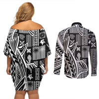 Samoa Tapa Couples Matching Off Shoulder Short Dress and Long Sleeve Button Shirt Siapo Mix Tatau Patterns - Black LT7 - Polynesian Pride