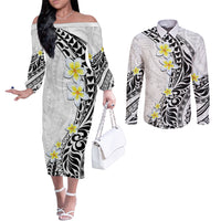 Hawaii Aloha Couples Matching Off The Shoulder Long Sleeve Dress and Long Sleeve Button Shirt Plumeria Vintage - White LT7 White - Polynesian Pride