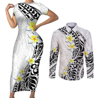 Hawaii Aloha Couples Matching Short Sleeve Bodycon Dress and Long Sleeve Button Shirt Plumeria Vintage - White LT7 White - Polynesian Pride