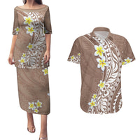 Hawaii Aloha Couples Matching Puletasi Dress and Hawaiian Shirt Plumeria Vintage - Brown LT7 Brown - Polynesian Pride