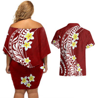 Hawaii Aloha Couples Matching Off Shoulder Short Dress and Hawaiian Shirt Plumeria Vintage - Crimson LT7 - Polynesian Pride