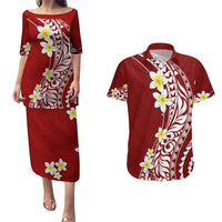 Hawaii Aloha Couples Matching Puletasi Dress and Hawaiian Shirt Plumeria Vintage - Crimson LT7 Crimson - Polynesian Pride