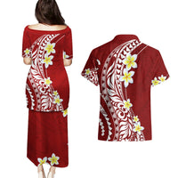 Hawaii Aloha Couples Matching Puletasi Dress and Hawaiian Shirt Plumeria Vintage - Crimson LT7 - Polynesian Pride