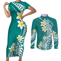 Hawaii Aloha Couples Matching Short Sleeve Bodycon Dress and Long Sleeve Button Shirt Plumeria Vintage - Teal LT7 Teal - Polynesian Pride