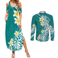 Hawaii Aloha Couples Matching Summer Maxi Dress and Long Sleeve Button Shirt Plumeria Vintage - Teal LT7 Teal - Polynesian Pride