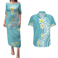 Hawaii Aloha Couples Matching Puletasi Dress and Hawaiian Shirt Plumeria Vintage - Turquoise LT7 Turquoise - Polynesian Pride