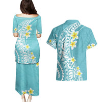 Hawaii Aloha Couples Matching Puletasi Dress and Hawaiian Shirt Plumeria Vintage - Turquoise LT7 - Polynesian Pride