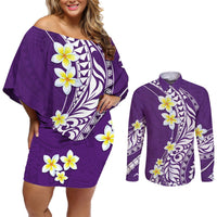 Hawaii Aloha Couples Matching Off Shoulder Short Dress and Long Sleeve Button Shirt Plumeria Vintage - Violet LT7 Violet - Polynesian Pride